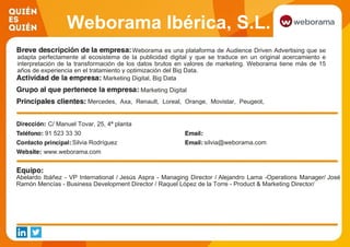 Weborama Ibérica, S.L.
Weborama es una plataforma de Audience Driven Advertising que se
adapta perfectamente al ecosistema de la publicidad digital y que se traduce en un original acercamiento e
interpretación de la transformación de los datos brutos en valores de marketing. Weborama tiene más de 15
años de experiencia en el tratamiento y optimización del Big Data.
Marketing Digital, Big Data
Marketing Digital
Mercedes, Axa, Renault, Loreal, Orange, Movistar, Peugeot,
Disney, Matutano, G
C/ Manuel Tovar, 25, 4ª planta
91 523 33 30
Silvia Rodríguez silvia@weborama.com
www.weborama.com
Abelardo Ibáñez - VP International / Jesús Aspra - Managing Director / Alejandro Lama -Operations Manager/ José
Ramón Mencías - Business Development Director / Raquel López de la Torre - Product & Marketing Director/
 