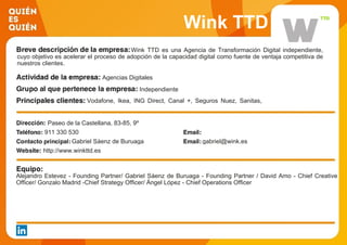 Wink TTD
Wink TTD es una Agencia de Transformación Digital independiente,
cuyo objetivo es acelerar el proceso de adopción de la capacidad digital como fuente de ventaja competitiva de
nuestros clientes.
Agencias Digitales
Independiente
Vodafone, Ikea, ING Direct, Canal +, Seguros Nuez, Sanitas,
Grupo Mahou San Miguel, BSH, Varma
Paseo de la Castellana, 83-85, 9º
911 330 530
Gabriel Sáenz de Buruaga gabriel@wink.es
http://www.winkttd.es
Alejandro Estevez - Founding Partner/ Gabriel Sáenz de Buruaga - Founding Partner / David Amo - Chief Creative
Officer/ Gonzalo Madrid -Chief Strategy Officer/ Ángel López - Chief Operations Officer
 