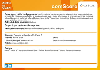 comScore
comScore hace que las audiencias y la publicidad sean más valiosas,
entregando indicadores confiables e independientes que ayudan al mercado a entender cómo las personas
interactúan con el contenido y la publicidad, tanto en la TV como en dispositivos digitales, proporcionando una
visión global del consumidor.
Medidor
Medidor recomendado por IAB y AIMC en España
Paseo de la Castellana 93, Planta 7
91 458 81 91
Ana Laura Zain azain@comscore.com
www.comscore.com
Jaime Agulló- VP Managing Director South EMEA/ David Rodriguez Pellitero -Research Manager /
 