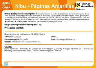 hibu - Páginas Amarillas
Compañía líder en el sector de directorios, presente en España desde
hace 45 años, ofreciendo soluciones a medida de marketing y publicidad, tanto online como offline, para Pymes
y autónomos. Nuestra oferta de soluciones digitales incluye la creación de webs, complementada con una
adecuada estrategia de generación de tráfico para nuestros clientes mediante servicios como Google Adwords,
publicidad display, posicionamiento en Paginasamarillas.es y gestión de redes sociales a través de un servicio
de Community Manager.
Directorios y soluciones digitales publicitarias
Hibu
Avenida de Manoteras, 12, 28050, Madrid
913396000
Concha Gil concepcion.gil@hibu.com
http://soluciones.paginasamarillas.es/
Bruno Porchietto - Presidente del Consejo de Administración y Country Manager / Concha Gil - Directora de
Marketing / Africa Santaolalla Sabio - Responsable Investigación y Analítica
 