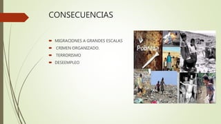 CONSECUENCIAS
 MIGRACIONES A GRANDES ESCALAS
 CRIMEN ORGANIZADO.
 TERRORISMO
 DESEEMPLEO
 