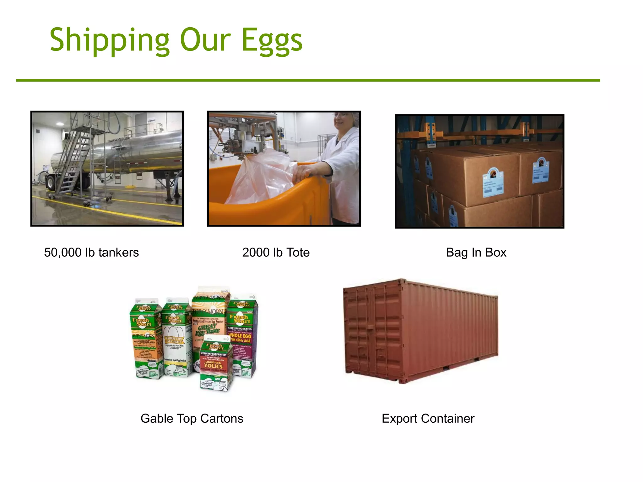 Shipping Our Eggs




50,000 lb tankers                   2000 lb Tote              Bag In Box




                    Gable Top Cartons              Export Container
 