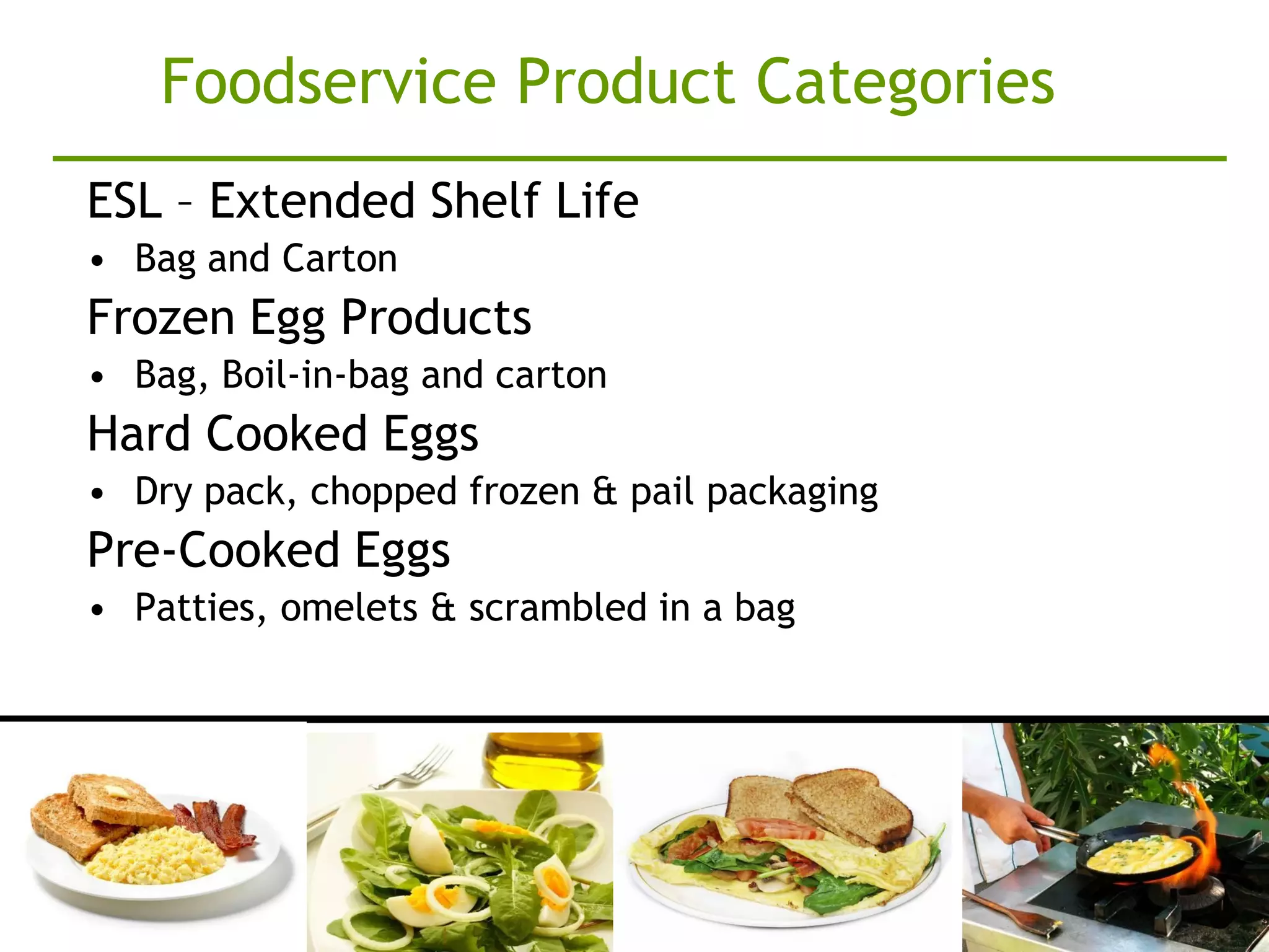 Foodservice Product Categories
ESL – Extended Shelf Life
• Bag and Carton
Frozen Egg Products
• Bag, Boil-in-bag and carton
Hard Cooked Eggs
• Dry pack, chopped frozen & pail packaging
Pre-Cooked Eggs
• Patties, omelets & scrambled in a bag
 