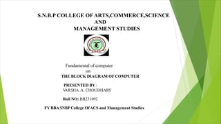 S.N.B.P COLLEGE OFARTS,COMMERCE,SCIENCE
AND
MANAGEMENT STUDIES
Fundamental of computer
on
THE BLOCK DIAGRAM OF COMPUTER
PRESENTED BY :
V
ARSHA.A. CHOUDHARY
Roll NO: BB231092
FY BBASNBPCollege OfACS and Management Studies
 