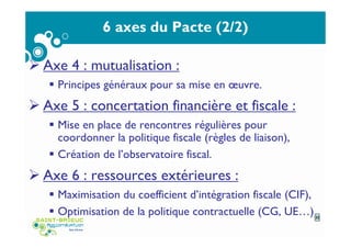 6 axes du Pacte (2/2)
Axe 4 : mutualisation :
Principes généraux pour sa mise en œuvre.
Axe 5 : concertation financière et fiscale :
Mise en place de rencontres régulières pour
coordonner la politique fiscale (règles de liaison),
Création de l’observatoire fiscal.
Axe 6 : ressources extérieures :
Maximisation du coefficient d’intégration fiscale (CIF),
Optimisation de la politique contractuelle (CG, UE…)22
 