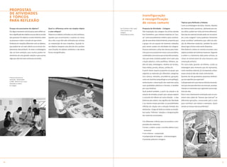 propostas
     de atividades
                                                                                                                                              transfiguração
     e tópicos
                                                                                                                                              e ressignificação
     para reflexão
                                                                                                                                              de coisas comuns                                     tópicos para reflexão e debate:
                                                                                                                                                                                                   Como as embalagens de balas, rótulos, tíquetes
     porque nós precisamos de objetos?                      Qual é a diferença entre um simples objeto          Kurt Schwitters (1887-1948)   proposta de atividade – colagem                      de cinema e teatro, jornais etc., tão banais aos nos-
                                                                                                                Tinta Invisível, 1947
     Em algum momento você já parou para refletir so-       e uma relíquia?                                                                   Sob inspiração das colagens do artista alemão        sos olhos, podem ser vistos de forma diferente?
                                                                                                                Colagem
     bre o significado dos objetos na sua vida ou na vida   Observe os objetos utilizados na vida cotidiana,    Propriedade do artista        Kurt Schwitters, que coletava materiais ao “aca-     Que tipo de material achado pode ser incorpora-
     das pessoas? Os objetos contam histórias sobre         aqueles que encontramos e usamos no nosso                                         so” como procedimento artístico para constitui-      do a uma colagem? Como podemos interpretar
     as pessoas e sobre o mundo em que vivem.               dia-a-dia, e que têm sido utilizados por artistas                                 ção de suas obras (intermináveis), proponha que      essas escolhas? Lembramos que, além da sele-
     Podemos ter relações diferentes com os objetos,        na composição de seus trabalhos. Quando es-                                       o grupo crie um arquivo de materiais coletados       ção de diferentes materiais, também faz parte
     que podem ter um valor afetivo ou se tornar sim-       ses objetos integram uma obra de arte, perdem                                     para serem usados em atividades de colagem.          desse jogo a forma como serão dispostos.
     plesmente descartáveis. As latas e embalagens          suas funções de objetos utilitários e são desta                                   Procure estimular o olhar dos alunos para mate-      Pela fluência criativa os artistas arrumam seus
     são um bom exemplo: para muitos podem ser              forma ressignificados.                                                            riais que se acumulam em nosso consumo diário,       objetos achados de inúmeras maneiras. Segundo
     elementos de uma grande coleção e para outros                                                                                            combinados com outros que seriam descartados,        a ordem e o tratamento dado pelos artistas, as
     algo que não tem mais nenhuma serventia.                                                                                                 mas que neste contexto podem servir para uma         coisas se tornam parte de uma estrutura, uma
                                                                                                                                              criação plástica, como panfletos, bilhetes, pa-      construção artística.
                                                                                                                                              péis de bala, embalagens, retalhos de tecidos,       Por outro lado, guardar um bilhete, cartão ou
                                                                                                                                              fotos velhas, jornais, rótulos, cartões etc.         embalagem pelo momento que ele representa,
                                                                                                                                              A partir deste arquivo proponha ao grupo que         como memória material, já corresponde a dizer:
                                                                                                                                              organize os materiais por diferentes categorias      essas coisas já não são vistas como banais.
                                                                                                                                              (cor, textura, tamanho, procedência, geração),       Quantos de nós guardamos pequenas lembran-
     Proposta educativa na
     exposição - Apropriações                                                                                                                 como um cientista (arqueólogo ou antropólogo),       ças de experiências especiais?
     no MAC - Niterói (2003-2004)
                                                                                                                                              estimulando a observação dos materiais pelas         Cada geração tem suas marcas (rótulos de produ-
     Atividade no módulo
     de colagem                                                                                                                               suas qualidades plásticas e formais, e também        tos) que sem percebermos nos marcam, acompa-
                                                                                                                                              por suas histórias.                                  nhando os momentos que registram nossa traje-
                                                                                                                                              Você poderá também, a partir da coleção e do         tória de vida.
                                                                                                                                              arquivo de achados, propor que o grupo explore       Esta é uma interessante motivação para se pro-
                                                                                                                                              o conceito de infinito em outra direção – a das      mover uma coleta de “marcas que marcam” as
                                                                                                                                              fluências das ordens. Isto significa dar liberdade   diferentes gerações, convocando pais e avós
                                                                                                                                              e ao mesmo tempo perceber as possibilidades          para contribuir com relatos e exemplos. Quais
                                                                                                                                              infinitas de criação com a redução limitada dos      seriam as nossas marcas preferidas?
                                                                                                                                              elementos. O jogo de fluência criativa se estabe-
                                                                                                                                              lece pelas “infinitas” relações e reorganizações
                                                                                                                                              dos materiais acumulados.


                                                                                                                                              Crie diferentes critérios para as escolhas e com-
                                                                                                                                              posições dos materiais:
                                                                                                                                              • acaso x ordem; acaso x escolha afetiva (uso/
                                                                                                                                               consumo)
                                                                                                                                              • cor e textura – composição
                                                                                                                                              • justaposição de imagens – a fotomontagem
                                                                                                                                              • juntando palavras e imagens




0                                                                                                                                                                                                                                                         
 
