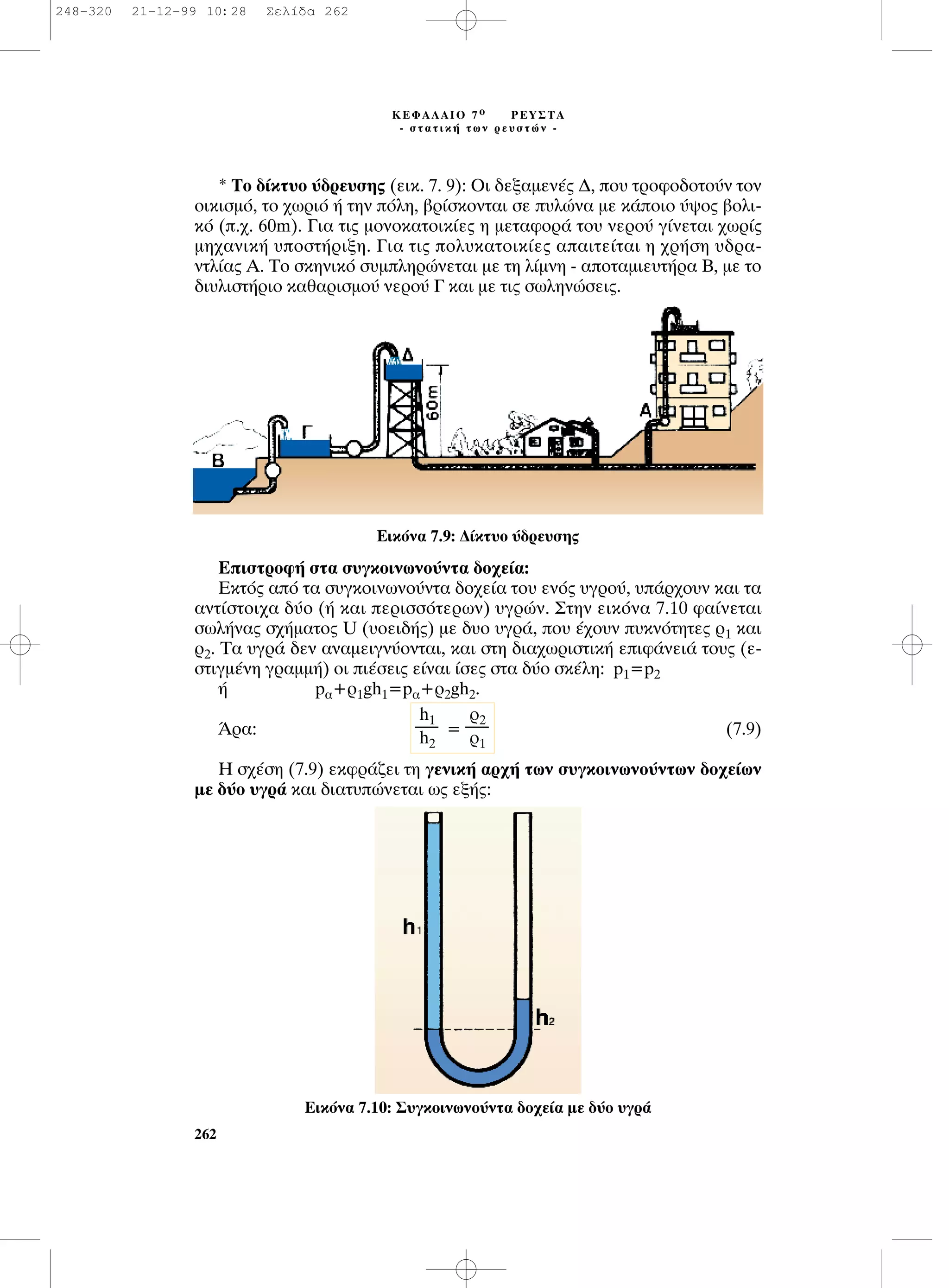 * ∆Ô ‰›ÎÙ˘Ô ‡‰ÚÂ˘ÛË˜ (ÂÈÎ. 7. 9): OÈ ‰ÂÍ·ÌÂÓ¤˜ ¢, Ô˘ ÙÚÔÊÔ‰ÔÙÔ‡Ó ÙÔÓ
ÔÈÎÈÛÌﬁ, ÙÔ ¯ˆÚÈﬁ ‹ ÙËÓ ﬁÏË, ‚Ú›ÛÎÔÓÙ·È ÛÂ ˘ÏÒÓ· ÌÂ Î¿ÔÈÔ ‡„Ô˜ ‚ÔÏÈ-
Îﬁ (.¯. 60m). °È· ÙÈ˜ ÌÔÓÔÎ·ÙÔÈÎ›Â˜ Ë ÌÂÙ·ÊÔÚ¿ ÙÔ˘ ÓÂÚÔ‡ Á›ÓÂÙ·È ¯ˆÚ›˜
ÌË¯·ÓÈÎ‹ ˘ÔÛÙ‹ÚÈÍË. °È· ÙÈ˜ ÔÏ˘Î·ÙÔÈÎ›Â˜ ··ÈÙÂ›Ù·È Ë ¯Ú‹ÛË ˘‰Ú·-
ÓÙÏ›·˜ ∞. ∆Ô ÛÎËÓÈÎﬁ Û˘ÌÏËÚÒÓÂÙ·È ÌÂ ÙË Ï›ÌÓË - ·ÔÙ·ÌÈÂ˘Ù‹Ú· µ, ÌÂ ÙÔ
‰È˘ÏÈÛÙ‹ÚÈÔ Î·ı·ÚÈÛÌÔ‡ ÓÂÚÔ‡ ° Î·È ÌÂ ÙÈ˜ ÛˆÏËÓÒÛÂÈ˜.
EÈÛÙÚÔÊ‹ ÛÙ· Û˘ÁÎÔÈÓˆÓÔ‡ÓÙ· ‰Ô¯Â›·:
∂ÎÙﬁ˜ ·ﬁ Ù· Û˘ÁÎÔÈÓˆÓÔ‡ÓÙ· ‰Ô¯Â›· ÙÔ˘ ÂÓﬁ˜ ˘ÁÚÔ‡, ˘¿Ú¯Ô˘Ó Î·È Ù·
·ÓÙ›ÛÙÔÈ¯· ‰‡Ô (‹ Î·È ÂÚÈÛÛﬁÙÂÚˆÓ) ˘ÁÚÒÓ. ™ÙËÓ ÂÈÎﬁÓ· 7.10 Ê·›ÓÂÙ·È
ÛˆÏ‹Ó·˜ Û¯‹Ì·ÙÔ˜ U (˘ÔÂÈ‰‹˜) ÌÂ ‰˘Ô ˘ÁÚ¿, Ô˘ ¤¯Ô˘Ó ˘ÎÓﬁÙËÙÂ˜ Ú1 Î·È
Ú2. ∆· ˘ÁÚ¿ ‰ÂÓ ·Ó·ÌÂÈÁÓ‡ÔÓÙ·È, Î·È ÛÙË ‰È·¯ˆÚÈÛÙÈÎ‹ ÂÈÊ¿ÓÂÈ¿ ÙÔ˘˜ (Â-
ÛÙÈÁÌ¤ÓË ÁÚ·ÌÌ‹) ÔÈ È¤ÛÂÈ˜ Â›Ó·È ›ÛÂ˜ ÛÙ· ‰‡Ô ÛÎ¤ÏË: p1=p2
‹ p·+Ú1gh1=p·+Ú2gh2.
ÕÚ·: = (7.9)
∏ Û¯¤ÛË (7.9) ÂÎÊÚ¿˙ÂÈ ÙË ÁÂÓÈÎ‹ ·Ú¯‹ ÙˆÓ Û˘ÁÎÔÈÓˆÓÔ‡ÓÙˆÓ ‰Ô¯Â›ˆÓ
ÌÂ ‰‡Ô ˘ÁÚ¿ Î·È ‰È·Ù˘ÒÓÂÙ·È ˆ˜ ÂÍ‹˜:
Ú2
-------
Ú1
h1
-------
h2
262
∫∂º∞§∞πO 7 Ô ƒ∂À™∆∞
- ÛÙ·ÙÈÎ‹ ÙˆÓ ÚÂ˘ÛÙÒÓ -
∂ÈÎﬁÓ· 7.9: ¢›ÎÙ˘Ô ‡‰ÚÂ˘ÛË˜
∂ÈÎﬁÓ· 7.10: ™˘ÁÎÔÈÓˆÓÔ‡ÓÙ· ‰Ô¯Â›· ÌÂ ‰‡Ô ˘ÁÚ¿
248-320 21-12-99 10:28 ™ÂÏ›‰· 262
 