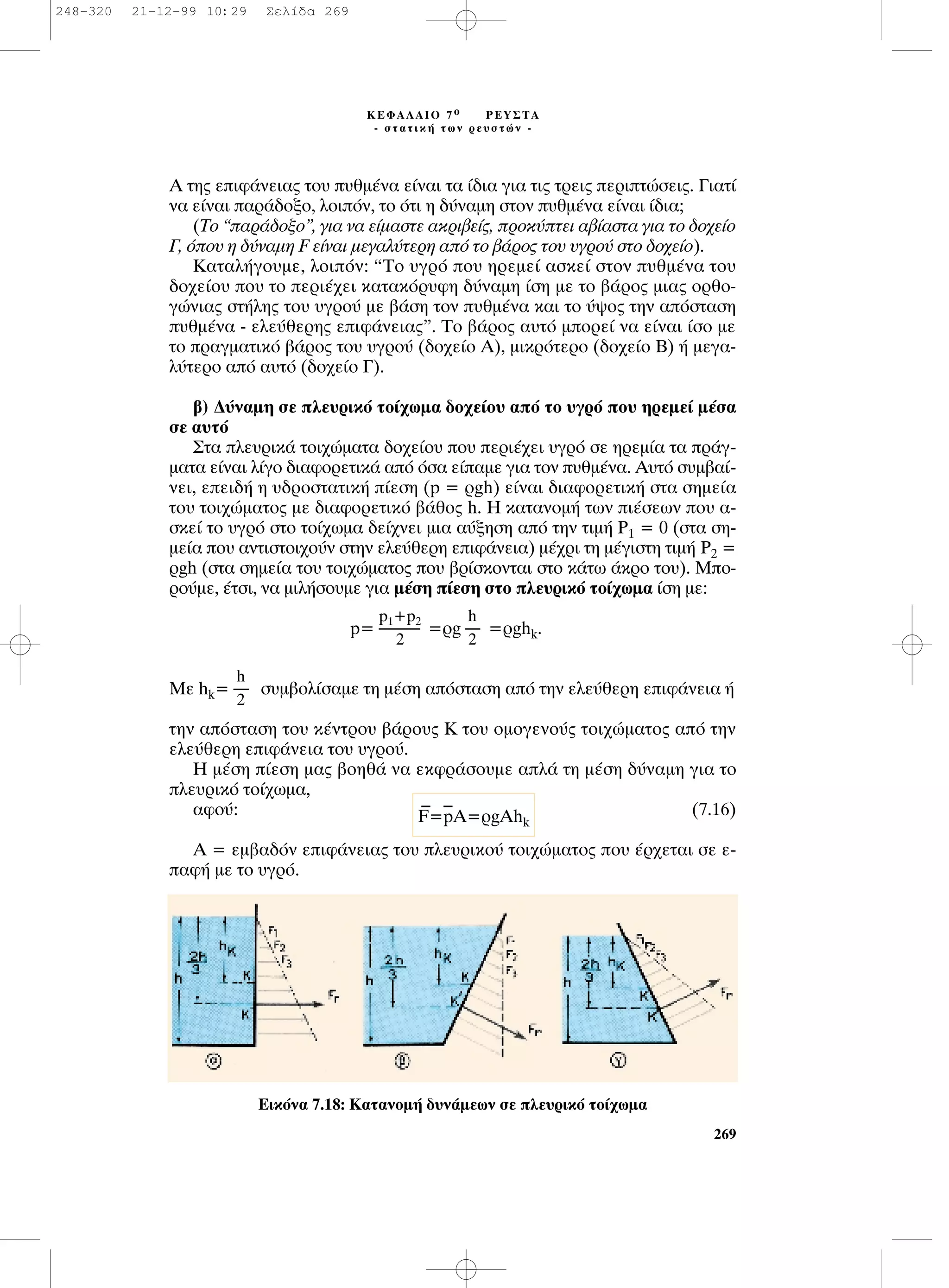 ∞ ÙË˜ ÂÈÊ¿ÓÂÈ·˜ ÙÔ˘ ˘ıÌ¤Ó· Â›Ó·È Ù· ›‰È· ÁÈ· ÙÈ˜ ÙÚÂÈ˜ ÂÚÈÙÒÛÂÈ˜. °È·Ù›
Ó· Â›Ó·È ·Ú¿‰ÔÍÔ, ÏÔÈﬁÓ, ÙÔ ﬁÙÈ Ë ‰‡Ó·ÌË ÛÙÔÓ ˘ıÌ¤Ó· Â›Ó·È ›‰È·;
(∆Ô “·Ú¿‰ÔÍÔ”, ÁÈ· Ó· Â›Ì·ÛÙÂ ·ÎÚÈ‚Â›˜, ÚÔÎ‡ÙÂÈ ·‚›·ÛÙ· ÁÈ· ÙÔ ‰Ô¯Â›Ô
°, ﬁÔ˘ Ë ‰‡Ó·ÌË F Â›Ó·È ÌÂÁ·Ï‡ÙÂÚË ·ﬁ ÙÔ ‚¿ÚÔ˜ ÙÔ˘ ˘ÁÚÔ‡ ÛÙÔ ‰Ô¯Â›Ô).
∫·Ù·Ï‹ÁÔ˘ÌÂ, ÏÔÈﬁÓ: “∆Ô ˘ÁÚﬁ Ô˘ ËÚÂÌÂ› ·ÛÎÂ› ÛÙÔÓ ˘ıÌ¤Ó· ÙÔ˘
‰Ô¯Â›Ô˘ Ô˘ ÙÔ ÂÚÈ¤¯ÂÈ Î·Ù·ÎﬁÚ˘ÊË ‰‡Ó·ÌË ›ÛË ÌÂ ÙÔ ‚¿ÚÔ˜ ÌÈ·˜ ÔÚıÔ-
ÁÒÓÈ·˜ ÛÙ‹ÏË˜ ÙÔ˘ ˘ÁÚÔ‡ ÌÂ ‚¿ÛË ÙÔÓ ˘ıÌ¤Ó· Î·È ÙÔ ‡„Ô˜ ÙËÓ ·ﬁÛÙ·ÛË
˘ıÌ¤Ó· - ÂÏÂ‡ıÂÚË˜ ÂÈÊ¿ÓÂÈ·˜”. ∆Ô ‚¿ÚÔ˜ ·˘Ùﬁ ÌÔÚÂ› Ó· Â›Ó·È ›ÛÔ ÌÂ
ÙÔ Ú·ÁÌ·ÙÈÎﬁ ‚¿ÚÔ˜ ÙÔ˘ ˘ÁÚÔ‡ (‰Ô¯Â›Ô ∞), ÌÈÎÚﬁÙÂÚÔ (‰Ô¯Â›Ô µ) ‹ ÌÂÁ·-
Ï‡ÙÂÚÔ ·ﬁ ·˘Ùﬁ (‰Ô¯Â›Ô °).
‚) ¢‡Ó·ÌË ÛÂ ÏÂ˘ÚÈÎﬁ ÙÔ›¯ˆÌ· ‰Ô¯Â›Ô˘ ·ﬁ ÙÔ ˘ÁÚﬁ Ô˘ ËÚÂÌÂ› Ì¤Û·
ÛÂ ·˘Ùﬁ
™Ù· ÏÂ˘ÚÈÎ¿ ÙÔÈ¯ÒÌ·Ù· ‰Ô¯Â›Ô˘ Ô˘ ÂÚÈ¤¯ÂÈ ˘ÁÚﬁ ÛÂ ËÚÂÌ›· Ù· Ú¿Á-
Ì·Ù· Â›Ó·È Ï›ÁÔ ‰È·ÊÔÚÂÙÈÎ¿ ·ﬁ ﬁÛ· Â›·ÌÂ ÁÈ· ÙÔÓ ˘ıÌ¤Ó·. ∞˘Ùﬁ Û˘Ì‚·›-
ÓÂÈ, ÂÂÈ‰‹ Ë ˘‰ÚÔÛÙ·ÙÈÎ‹ ›ÂÛË (p = Úgh) Â›Ó·È ‰È·ÊÔÚÂÙÈÎ‹ ÛÙ· ÛËÌÂ›·
ÙÔ˘ ÙÔÈ¯ÒÌ·ÙÔ˜ ÌÂ ‰È·ÊÔÚÂÙÈÎﬁ ‚¿ıÔ˜ h. ∏ Î·Ù·ÓÔÌ‹ ÙˆÓ È¤ÛÂˆÓ Ô˘ ·-
ÛÎÂ› ÙÔ ˘ÁÚﬁ ÛÙÔ ÙÔ›¯ˆÌ· ‰Â›¯ÓÂÈ ÌÈ· ·‡ÍËÛË ·ﬁ ÙËÓ ÙÈÌ‹ P1 = 0 (ÛÙ· ÛË-
ÌÂ›· Ô˘ ·ÓÙÈÛÙÔÈ¯Ô‡Ó ÛÙËÓ ÂÏÂ‡ıÂÚË ÂÈÊ¿ÓÂÈ·) Ì¤¯ÚÈ ÙË Ì¤ÁÈÛÙË ÙÈÌ‹ P2 =
Úgh (ÛÙ· ÛËÌÂ›· ÙÔ˘ ÙÔÈ¯ÒÌ·ÙÔ˜ Ô˘ ‚Ú›ÛÎÔÓÙ·È ÛÙÔ Î¿Ùˆ ¿ÎÚÔ ÙÔ˘). ªÔ-
ÚÔ‡ÌÂ, ¤ÙÛÈ, Ó· ÌÈÏ‹ÛÔ˘ÌÂ ÁÈ· Ì¤ÛË ›ÂÛË ÛÙÔ ÏÂ˘ÚÈÎﬁ ÙÔ›¯ˆÌ· ›ÛË ÌÂ:
p= =Úg =Úghk.
MÂ hk= Û˘Ì‚ÔÏ›Û·ÌÂ ÙË Ì¤ÛË ·ﬁÛÙ·ÛË ·ﬁ ÙËÓ ÂÏÂ‡ıÂÚË ÂÈÊ¿ÓÂÈ· ‹
ÙËÓ ·ﬁÛÙ·ÛË ÙÔ˘ Î¤ÓÙÚÔ˘ ‚¿ÚÔ˘˜ ∫ ÙÔ˘ ÔÌÔÁÂÓÔ‡˜ ÙÔÈ¯ÒÌ·ÙÔ˜ ·ﬁ ÙËÓ
ÂÏÂ‡ıÂÚË ÂÈÊ¿ÓÂÈ· ÙÔ˘ ˘ÁÚÔ‡.
∏ Ì¤ÛË ›ÂÛË Ì·˜ ‚ÔËı¿ Ó· ÂÎÊÚ¿ÛÔ˘ÌÂ ·Ï¿ ÙË Ì¤ÛË ‰‡Ó·ÌË ÁÈ· ÙÔ
ÏÂ˘ÚÈÎﬁ ÙÔ›¯ˆÌ·,
·ÊÔ‡: (7.16)
∞ = ÂÌ‚·‰ﬁÓ ÂÈÊ¿ÓÂÈ·˜ ÙÔ˘ ÏÂ˘ÚÈÎÔ‡ ÙÔÈ¯ÒÌ·ÙÔ˜ Ô˘ ¤Ú¯ÂÙ·È ÛÂ Â-
·Ê‹ ÌÂ ÙÔ ˘ÁÚﬁ.
_ _
F=pA=ÚgAhk
h
-----
2
h
-----
2
p1+p2
--------------
2
269
∫∂º∞§∞πO 7 Ô ƒ∂À™∆∞
- ÛÙ·ÙÈÎ‹ ÙˆÓ ÚÂ˘ÛÙÒÓ -
∂ÈÎﬁÓ· 7.18: K·Ù·ÓÔÌ‹ ‰˘Ó¿ÌÂˆÓ ÛÂ ÏÂ˘ÚÈÎﬁ ÙÔ›¯ˆÌ·
248-320 21-12-99 10:29 ™ÂÏ›‰· 269
 