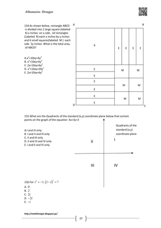 Athanasios Drougas
http://mathhmagic.blogspot.gr/
37
154.As shown below, rectangle ABCD
is divided into 1 large square (labeled
K) x inches on a side , 10 rectangles
(Labeled R) each x inches by y inches
and 6 small squares(labeled M ) each
side 2y inches .What is the total area,
of ABCD?
A.x2
+10xy+4y2
B. x2
+10xy+6y2
C. 2x+10xy+6y2
D. x2
+10xy+24y2
E. 2x+10xy+6y2
155.What are the Quadrants of the standard (x,y) coordinate plane below that contain
points on the graph of the equation 6x+3y=3
A.I and III only
B. I and II and III only
C. II and III only
D. II and III and IV only
E. I and II and IV only
156.For 2
1i = − ,( )
2
1 ?i− =
A. 0
B. 2
C. 2i
D. 2i−
E. i−
K
E
E
E
E
E
E
B
CD
A
M M
M M
M M
E
E E E
III
III IV
Quadrants of the
standard (x,y)
coordinate plane
 