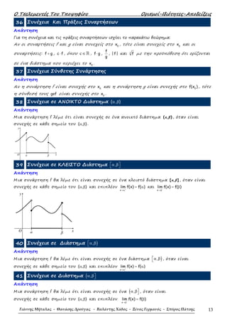 Ο Τσελεµεντές Του Τποψηφίου Ορισµοί-Ιδιότητες-Αποδείξεις
Γιάννης Μήταλας - Θανάσης Δρούγας - Βαλάντης Χάδος - Ξένος Γερμανός - Σπύρος Πάτσης 13
36 Συνέχεια Και Πράξεις Συναρτήσεων
Απάντηση
Για τη συνέχεια και τις πράξεις συναρτήσεων ισχύει το παρακάτω θεώρηµα:
Αν οι συναρτήσεις f και g είναι συνεχείς στο 0
x , τότε είναι συνεχείς στο 0
x και οι
συναρτήσεις: f g+ , c f⋅ , όπου c∈ℝ , f g⋅ ,
f
g
, | f| και fν
µε την προϋπόθεση ότι ορίζονται
σε ένα διάστηµα που περιέχει το 0
x .
37 Συνέχεια Σύνθετης Συνάρτησης
Απάντηση
Αν η συνάρτηση f είναι συνεχής στο 0
x και η συνάρτηση g είναι συνεχής στο 0
f(x ) , τότε
η σύνθεσή τους gof είναι συνεχής στο 0
x .
38 Συνέχεια σε ΑΝΟΙΚΤΟ ∆ιάστηµα ( , )α β
Απάντηση
Μια συνάρτηση f λέµε ότι είναι συνεχής σε ένα ανοικτό διάστηµα ( , )α β , όταν είναι
συνεχής σε κάθε σηµείο του ( , )α β .
y
( )
O βa x
39 Συνέχεια σε ΚΛΕΙΣΤΟ ∆ιάστηµα , α β 
Απάντηση
Μια συνάρτηση f θα λέµε ότι είναι συνεχής σε ένα κλειστό διάστηµα [ , ]α β , όταν είναι
συνεχής σε κάθε σηµείο του ( , )α β και επιπλέον
x
lim f(x) f( )+
→α
= α και
x
lim f(x) f( )−
→β
= β
y
[ ]
O βa x
40 Συνέχεια σε ∆ιάστηµα ),α β
Απάντηση
Μια συνάρτηση f θα λέµε ότι είναι συνεχής σε ένα διάστηµα ),α β , όταν είναι
συνεχής σε κάθε σηµείο του ( , )α β και επιπλέον
x
lim f(x) f( )+
→α
= α
41 Συνέχεια σε ∆ιάστηµα ( , α β
Απάντηση
Μια συνάρτηση f θα λέµε ότι είναι συνεχής σε ένα ( , α β , όταν είναι
συνεχής σε κάθε σηµείο του ( , )α β και επιπλέον
x
lim f(x) f( )−
→β
= β
 
