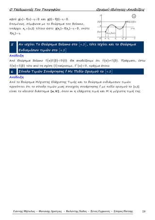 Ο Τσελεµεντές Του Τποψηφίου Ορισµοί-Ιδιότητες-Αποδείξεις
Γιάννης Μήταλας - Θανάσης Δρούγας - Βαλάντης Χάδος - Ξένος Γερμανός - Σπύρος Πάτσης 19
aφού g( ) f( ) 0α = α − η < και g( ) f( ) 0β = β − η > .
Εποµένως, σύµφωνα µε το θεώρηµα του Bolzano,
υπάρχει 0
x ( , )∈ α β τέτοιο ώστε 0 0
g(x ) f(x ) 0= − η = , οπότε
0
f(x ) = η .
5 Αν ισχύει Το Θεώρηµα Bolzano στο , α β  , τότε Ισχύει και το Θεώρηµα
Ενδιαµέσων τιµών στο , α β 
Απόδειξη
Από Θεώρηµα Bolzano ( ) ( ) ( )f α f β 0 1< . Θα αποδείξουµε ότι ( ) ( )f α f β≠ . Πράγµατι, έστω
( ) ( )f α f β= τότε από τη σχέση ( )1 παίρνουµε, ( )2
f α 0< , πράγµα άτοπο.
6 Σύνολο Τιµών Συνάρτησης f Με Πεδίο Ορισµού το , α β 
Απόδειξη
Από το θεώρηµα Μέγιστης Ελάχιστης Τιµής και το θεώρηµα ενδιάµεσων τιµών
προκύπτει ότι το σύνολο τιµών µιας συνεχούς συνάρτησης f µε πεδίο ορισµού το [ , ]α β
είναι το κλειστό διάστηµα [ , ]m M , όπου m η ελάχιστη τιµή και Μ η µέγιστη τιµή της.
′x0x0 ′′x0
y
B(β,f(β))
f(a)
f(β)
O β
y=η
η
a x
4
Α(α,f(α))
 
