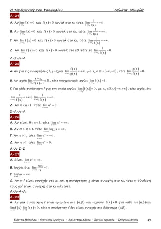 Ο Τσελεµεντές Του Υποψηφίου Θέµατα Θεωρίας
Γιάννης Μήταλας - Θανάσης Δρούγας - Βαλάντης Χάδος - Ξένος Γερμανός - Σπύρος Πάτσης 49
Α-24
Α. Αν
0x x
lim f(x) 0
→
= και ( )f x 0< κοντά στο x0 τότε
0x x
1
lim
f(x)→
= +∞ .
Β. Αν
0x x
lim f(x) 0
→
= και ( )f x 0> κοντά στο x0, τότε
0x x
1
lim
f(x)→
= +∞ .
Γ. Αν ( )0x x
lim f x 0
→
= και ( )f x 0> κοντά στο x0, τότε
( )0x x
1
lim
f x→
= −∞.
∆. Αν ( )0x x
lim f x 0
→
= και ( )f x 0> κοντά στο x0 τότε το
( )0x x
1
lim 0
f x→
= .
Λ-Σ-Λ-Λ
Α-25
Α. Αν για τις συναρτήσεις f, g ισχύει
( )
( )0x x
f x
lim
g x→
= +∞ , µε { }0x ,∈ ∪ −∞ +∞ℝ , τότε
( )
( )0x x
g x
lim 0
f x→
= .
Β. Αν ισχύει
( )0
0
x x
x x
lim
f x 1→
−
∈
−
ℝ , τότε υποχρεωτικά ισχύει ( )0x x
lim f x 1
→
= .
Γ. Για κάθε συνάρτηση f για την οποία ισχύει ( )0x x
lim f x 0
→
= , µε { }0x ,∈ ∪ −∞ +∞ℝ , τότε ισχύει ότι
( )0x x
1
lim
f x→
= +∞ή
( )0x x
1
lim
f x→
= −∞.
∆. Αν 0 α 1< < τότε x
x
lim α 0
→−∞
= .
Σ-Λ-Λ-Λ
Α-26
Α. Αν είναι 0 α 1< < , τότε x
x
lim α
→+∞
= +∞ .
Β. Αν 0 < α < 1 τότε α
x
lim log x
→+∞
= +∞ .
Γ. Αν α 1> , τότε x
x
lim α
→+∞
= +∞ .
∆. Αν α 1> τότε x
x
lim α 0
→−∞
= .
Λ-Λ-Σ-Σ
Α-27
Α. Είναι x
x
lim e
→−∞
= +∞ .
Β. Ισχύει ότι:
x
ηµx
lim 1
x→+∞
= .
Γ.
x 0
limlnx
→
= +∞ .
∆. Αν η f είναι συνεχής στο x0 και η συνάρτηση g είναι συνεχής στο x0, τότε η σύνθεσή
τους gof είναι συνεχής στο x0 πάντοτε.
Λ-Λ-Λ-Λ
Α-28
Α. Αν µια συνάρτηση f είναι ορισµένη στο ( )α,β και ισχύουν ( )f x 0≠ για κάθε ( )x α,β∈ και
( ) ( )x α x β
limf x limf x 0
→ →
⋅ < , τότε η συνάρτηση f δεν είναι συνεχής στο διάστηµα ( )α,β .
 