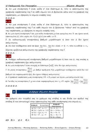Ο Τσελεµεντές Του Υποψηφίου Θέµατα Θεωρίας
Γιάννης Μήταλας - Θανάσης Δρούγας - Βαλάντης Χάδος - Ξένος Γερμανός - Σπύρος Πάτσης 63
∆. Αν µια συνάρτηση f είναι κοίλη σ’ ένα διάστηµα ∆, τότε η εφαπτοµένη της
γραφικής παράστασης της f σε κάθε σηµείο του ∆ βρίσκεται κάτω από τη γραφική της
παράσταση, µε εξαίρεση το σηµείο επαφής τους.
Σ-Λ-Σ-Λ
Α-21
Α. Αν µια συνάρτηση f είναι κοίλη σ’ ένα διάστηµα ∆, τότε η εφαπτοµένη της
γραφικής παράστασης της f σε κάθε σηµείο του ∆ βρίσκεται ″πάνω″ από τη γραφική
της παράσταση, µε εξαίρεση το σηµείο επαφής τους.
Β. Αν µια κυρτή συνάρτηση f και µια κοίλη συνάρτηση g είναι ορισµένες στο ℝ και έχουν κοινή
εφαπτοµένη (ε), τότε ισχύει ότι ( ) ( )f x g x≥ για κάθε x ∈ℝ .
Γ. Οι πολυωνυµικές συναρτήσεις βαθµού µεγαλύτερου ή ίσου του 2 δεν έχουν
ασύµπτωτες.
∆. Αν ένα τουλάχιστον από τα όρια
0x x
lim f(x)+
→
,
0x x
lim f(x)−
→
είναι +∞ ή -∞, τότε η ευθεία 0x x=
λέγεται οριζόντια ασύµπτωτη της γραφικής παράστασης της f.
Σ-Σ-Σ-Λ
Α-22
Α. Υπάρχει πολυωνυµική συνάρτηση βαθµού µεγαλύτερου ή ίσου του 2, της οποίας η
γραφική παράσταση έχει ασύµπτωτη.
Β. Αν µια συνάρτηση f είναι συνεχής σε διάστηµα [ ]α,β , τότε δεν έχει ασύµπτωτες.
Γ. Οι ρητές συναρτήσεις
( )
( )
P x
Q x
µε βαθµό αριθµητή Ρ(x) µεγαλύτερο τουλάχιστον κατά δυο του
βαθµού του παρανοµαστή Q(x), δεν έχουν πλάγιες ασύµπτωτες.
∆. Η γραφική παράσταση µιας συνάρτησης f: →ℝ ℝ µπορεί να τέµνει µια ασύµπτωτή της.
Ε. Για όλες τις συναρτήσεις f, g που είναι παραγωγίσιµες στο 0x ∈ℝ ισχύει
( )
( )
( )
( )0 0x x x x
f x f x
lim lim
g x g x→ →
′
=
′
.
Λ-Σ-Σ-Σ-Λ
Β ∆ιάφορα Θέµατα Θεωρίας
Β-1
Να γράψετε στο τετράδιό σας το γράµµα της στήλης Α και δίπλα τον αριθµό της
στήλης Β που αντιστοιχεί στην εφαπτοµένη της κάθε συνάρτησης στο σηµείο x0.
α)3 β) 1 γ) 5 δ) 2
 