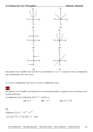 Ο Τσελεµεντές Του Υποψηφίου Θέµατα Θεωρίας
Γιάννης Μήταλας - Θανάσης Δρούγας - Βαλάντης Χάδος - Ξένος Γερμανός - Σπύρος Πάτσης 65
Να γράψετε στο τετράδιο σας ποια από τις συναρτήσεις F, G, H, T µπορεί να είναι η παράγωγος
της συνάρτησης f και ποια της g.
Η Τ είναι η παράγωγος της f και η Η είναι η παράγωγος της g.
Β-5
Να γράψετε στο τετράδιό σας δίπλα από τον αντίστοιχο αριθµό το γράµµα που αντιστοιχεί στην
σωστή απάντηση.
Η παράγωγος της συνάρτησης ( )
2
x
f x 3= ισούται µε
(α)
2
x
2x 3⋅ (β)
2
2 x 1
x 3 −
⋅ (γ)
2
x
2x 3 ln3⋅ ⋅
(γ)
Εξήγηση: ( )
22 x 2
x ln3 x ln3
f x 3 e e= = =
( ) ( ) ( )
2 2 2
x ln3 x ln3 2 x
f x e e x ln3 3 2xln3
′ ′′ = = = ⋅
 