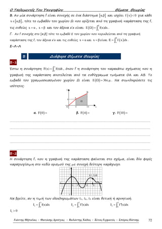 Ο Τσελεµεντές Του Υποψηφίου Θέµατα Θεωρίας
Γιάννης Μήταλας - Θανάσης Δρούγας - Βαλάντης Χάδος - Ξένος Γερμανός - Σπύρος Πάτσης 72
Β. Αν µία συνάρτηση f είναι συνεχής σε ένα διάστηµα [ ]α,β και ισχύει ( )f x 0< για κάθε
[ ]x α,β∈ , τότε το εµβαδόν του χωρίου Ω που ορίζεται από τη γραφική παράσταση της f,
τις ευθείες x α= , x β= και τον άξονα x΄x είναι: ( )
β
α
f(x)dxΕ Ω = ∫ .
Γ. Αν f συνεχής στο [α,β] τότε το εµβαδό Ε του χωρίου που περικλείεται από τη γραφική
παράσταση της f, τον άξονα x΄x και τις ευθείες x α= και x β= είναι ( )
β
α
E f x dx= ∫ .
Σ-Λ-Λ
Β ∆ιάφορα Θέµατα Θεωρίας
Β-1
Έστω η συνάρτηση
x
0
F(x) f(t)dt= ∫ , όπου f η συνάρτηση του παρακάτω σχήµατος που η
γραφική της παράσταση αποτελείται από τα ευθύγραµµα τµήµατα ΟΑ και ΑΒ. Το
εµβαδό του γραµµοσκιασµένου χωρίου Ω είναι ( ) 36τ.µ.Ε Ω = . Να συµπληρώσετε τις
ισότητες:
α. ( )F 0 = β. ( )F 4 = γ. ( )F 10 =
……………………………………………………………………………………………………………………………………………….
……………………………………………………………………………………………………………………………………………….
……………………………………………………………………………………………………………………………………………….
……………………………………………………………………………………………………………………………………………….
……………………………………………………………………………………………………………………………………………….
Β-2
Η συνάρτηση f, που η γραφική της παράσταση φαίνεται στο σχήµα, είναι δύο φορές
παραγωγίσιµη στο πεδίο ορισµού της µε συνεχή δεύτερη παράγωγο.
Να βρείτε, αν η τιµή των ολοκληρωµάτων Ι1, Ι2, Ι3 είναι θετική ή αρνητική.
3
1 0
I f(x)dx= ∫
3
2 0
I f (x)dx′= ∫
3
3 0
I f (x)dx′′= ∫
1I 0>
 