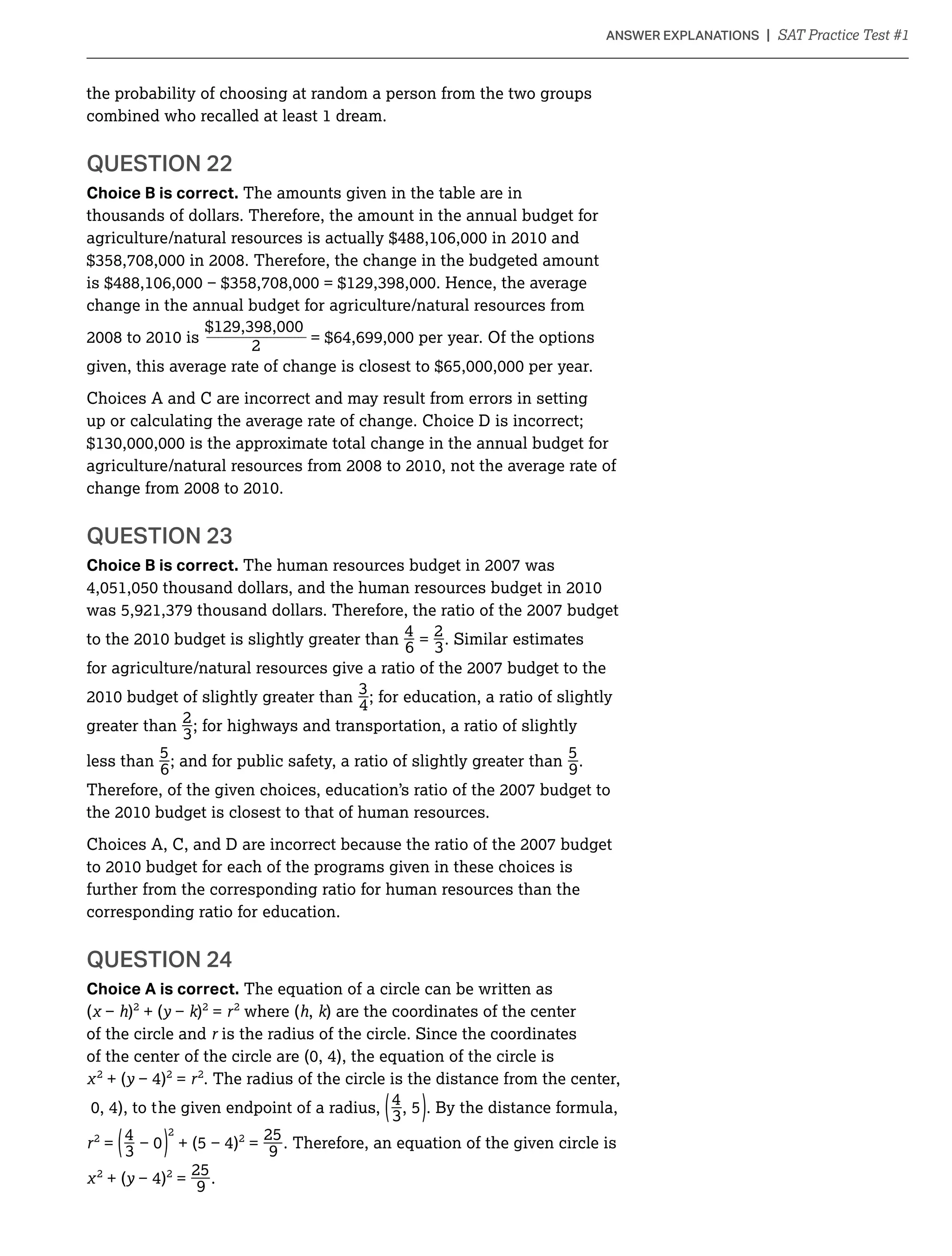 __________________________________________________________________________________________________________________________________________________________________________________________________________________________________________________________________________________________________________________________________________________________________________________________________________________________________________________________________________________________________________________________________________________________________________________________________________________________________________________________________________________________________________________________________________________________________________________________________________________________________________________________________________________________________________________________________________________________________________________________________________________________________________________________________________________________________________________________________________________________________________________________________________________________________________________________
_ _
the probability of choosing at random a person from the two groups
combined who recalled at least 1 dream.
QUESTION 22
Choice B is correct. The amounts given in the table are in
thousands of dollars. Therefore, the amount in the annual budget for
change in the annual budget for agriculture/natural resources from
2
Choices A and C are incorrect and may result from errors in setting
up or calculating the average rate of change. Choice D is incorrect;
QUESTION 23
Choice B is correct.
_4
= _2
. Similar estimates
6
_
4
; for education, a ratio of slightly
_greater than
2
; for highways and transportation, a ratio of slightly
less than
5
6
; and for public safety, a ratio of slightly greater than
5
9
.
further from the corresponding ratio for human resources than the
corresponding ratio for education.
Choice A is correct. The equation of a circle can be written as
( h)2
+ (y k)2
= 2
where (h, k) are the coordinates of the center
of the circle and is the radius of the circle. Since the coordinates
2
+ (y 2
= 2
. The radius of the circle is the distance from the center,
_4
endpoint of a radius, ( , 5). By the distance formula,
2 _4 2
_25
= ( ) 2
=
9
. Therefore, an equation of the given circle is
2
+ (y 2
= _25
9
.
 