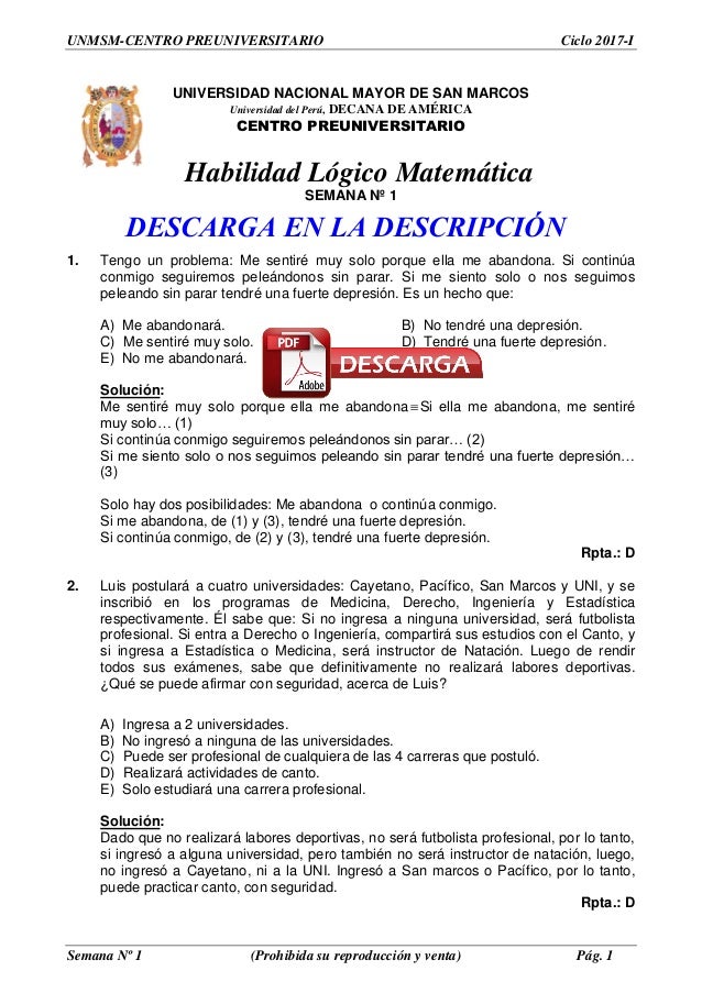 Semana 1 Pre San Marcos Unmsm 17 I Ciclo Ordinario Pdf