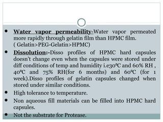  Water vapor permeability-Water vapor permeated
more rapidly through gelatin film than HPMC film.
( Gelatin>PEG-Gelatin>HPMC)
 Dissolution:-Disso profiles of HPMC hard capsules
doesn’t change even when the capsules were stored under
diff conditions of temp and humidity i.e30 C and 60% RH ,⁰
40 C and 75% RH(for 6 months) and 60 C (for 1⁰ ⁰
week).Disso profiles of gelatin capsules changed when
stored under similar conditions.
 High tolerance to temperature.
 Non aqueous fill materials can be filled into HPMC hard
capsules.
 Not the substrate for Protease.
 