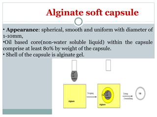 Alginate soft capsule
• Appearance: spherical, smooth and uniform with diameter of
1-10mm,
•Oil based core(non-water soluble liquid) within the capsule
comprise at least 80% by weight of the capsule.
• Shell of the capsule is alginate gel.
 