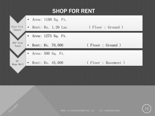 SHOP FOR RENT
8/21/2017
W W W . V I V E K A N D C O M P A N Y . I N + 9 1 9 9 9 0 3 6 5 4 0 8
13
• Area: 1273 Sq. Ft.
• Rent: Rs. 70,000 ( Floor : Ground )
• Area: 500 Sq. Ft.
• Rent: Rs. 45,000 ( Floor : Basement )
Eros City
Square
DLF Star
Tower
DT
Mega Mall
• Area: 1100 Sq. Ft.
• Rent: Rs. 1.20 Lac ( Floor : Ground )
 