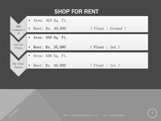 SHOP FOR RENT
8/21/2017
W W W . V I V E K A N D C O M P A N Y . I N + 9 1 9 9 9 0 3 6 5 4 0 8
7
• Area: 450 Sq. Ft.
• Rent: Rs. 35,000 ( Floor : 1st )
• Area: 430 Sq. Ft.
• Rent: Rs. 40,000 ( Floor : 1st )
M3M
Cosmopolit
an
Central
Plaza
The Palm
Square
• Area: 424 Sq. Ft.
• Rent: Rs. 40,000 ( Floor : Ground )
 