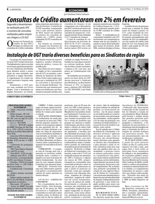 6   O REPÓRTER                                                                                                                                            Quarta-Feira, 17 de Março de 2010
                                                                              ECONOMIA
                                                                         por Estefania Vieira Linhares


Consultas de Crédito aumentaram em 2% em fevereiro
Segundo o levantamen-                pelas empresas associadas, no       consultas de cheques. Já em          pequeno aumento nas consultas                  Experian.
                                     mês de fevereiro. O total foi de    comparação com o mês anterior        de crédito/cheques em + 1.31%,                     A análise técnica da pesquisa
to realizado pelo SPC                23.432 consultas, comparando        jan/2010, veremos que houve um       foram realizadas naquele perío-                revela que a redução foi ainda
o número de consultas                com o mês anterior, janeiro         pequeno aumento no número de         do 37.089 consultas de crédito                 maior em relação a janeiro, de
                                     de 2010, houve um aumento           consultas de cheques em + 0,2%,      e cheques.                                     3,1%, como resultado do cres-
realizadas pelas empre-              no número de consultas de           naquele período foram realizadas        Brasil – A inadimplência do                 cimento da economia. O recuo
sas chegou a 23.432                  crédito em + 2.003%, sendo          14.117 consultas de cheques.         consumidor brasileiro caiu 2,2%                foi puxado principalmente pela
                                     realizadas 22.972 consultas de         O total de consultas de cré-      em fevereiro, em comparação ao                 redução de 4,6% na inadimplên-


O
       Serviço de Proteção ao        crédito.                            dito/cheques em fevereiro de         mesmo mês do ano passado. A                    cia com cartões de crédito, pela
       Crédito de Ijuí (SPC)            Em relação as consultas          2010 foi de 37.577 consultas.        queda é a maior desse indicador                baixa de 4,2% nos cheques sem
       divulgou os números de        de cheques em fevereiro de          Já se compararmos com o mês          para meses de fevereiro, desde                 fundo e pela queda de 13% nos
consultas de crédito realizadas      2010 foram realizadas 14.145        anterior janeiro 2010 ocorreu um     2004, conforme divulgou a Serasa               títulos protestados.



Instalação de UGT traria diversos benefícios para os Sindicatos da região
    Um grupo de representan-         des filiadas teriam um suporte      unidade na região Noroeste. A
tes dos UGT (União Geral dos         logístico, jurídico (Federal),      tendência é que fique somente
Trabalhadores) esteve em Ijuí        material gráfico, cursos de         as centrais sindicais. Antes,
na semana passada juntamen-          qualificação.                       não se tinha o poder normativo
te com o Sindicato dos Hotéis            Isso daria um novo espaço,      e passou a ter. com isso, aos
para debater sobre a insta-          na região só há a representa-       pouco as Confederações irão
lação de uma entidade que            ção da CUT, no entanto, o pre-      sumir”.
atenderá a região Noroeste.          sidente do Sindicato de Hote-          As entidades que se interes-
A organização foi criada em          leiros, Paulo Lopes explica que     sarem em fazer parte do UGT
nível nacional e depois cada         para que a instalação do UGT        devem procurar o Sindicato
Estado.                              se concretize é necessários         dos Hoteleiros, na Rua Doutor
    Atualmente, o UGT pos-           que os demais Sindicatos. “As       Pestana nº 315, ou ligarem
sui uma unidade em Porto             centrais têm que estarem pró-       para o telefone (55) 3333-3621
Alegre. Com a instalação na          ximas aos Sindicatos, por isso,     ou (55) 9976-2054, com Paulo
Região Noroeste, as entida-          estamos tentando instalar uma       Lopes.                               A comitiva esteve na semana passada no Sindicato de Hotéis

COMENTÁRIO ECONÔMICO                                                                                                                                    Felippe Smoco (*)



  PRINCIPAIS INDICADORES                 CÂMBIO: O dólar comercial       produção, mas só 20 anos de-         de custos; falta de estipulação                ões-almoço da FEDERASUL
           ECONÔMICOS                segue em baixa, apesar da inter-    pois, em 1983, a data passou a       de prazo máximo de entrega de                  - Federação das Associações
    - Dólar comercial (venda):       ferência do Banco Central com       ser comemorada como o Dia            produto ou fornecimento de                     Comerciais do Rio Grande do
R$ 1,7650.                           leilões de compra para segurar      Mundial do Consumidor, tendo         serviço; uso de peças usadas                   Sul, foi vibrante a oração do
    - Dólar turismo: R$ 1,83.        a cotação.                          por fundamento 4 pontos a se-        ou recondicionadas no conserto                 seu presidente, Mauro Knijnik,
    - Dólar flutuante (paralelo):        APLICAÇÕES FINANCEIRAS:         rem defendidos: a segurança,         de um produto, sem autorização                 pela lucidez e análise isenta
R$ 1,88, com um ágio de 6,52%        Os rendimentos da renda fixa,       que consiste na proteção con-        do consumidor; multa superior                  das grandes questões polí-
frente ao comercial.                 em especial os juros dos CDBs,      tra a venda de produtos que          a 2% do valor da prestação, nos                ticas, econômicas e sociais,
    - E u r o : R$ 2,5040.           tiveram pequeno aumento, en-        possam ser danosos à saúde;          contratos de financiamentos; e                 pregando a tolerância , a di-
    - O u r o : R$ 67,00 o grama     quanto os da poupança seguem        a informação, que dá ao consu-       recusa de troca de produto com                 minuição de preconceitos e a
na BM&F Bovespa de São Pau-          no piso garantido por lei. As       midor o direito de saber tudo        defeito, entre outros.                         eliminação das intransigências
lo - e - US$ 1.105,10 a onça-troy    ações em bolsa iniciaram a se-      sobre o produto ou o serviço a           Sou de opinião que o Código                para a retomada da ética e o
(33,33 g) na Bolsa Mercantil de      mana em clima de expectativa        ser adquirido; a escolha, que        de Defesa do Consumidor e os                   resgate do sentido humano
Nova York.                           com os investidores domésticos      dá a liberdade de acessar o que      diversos serviços e agências                   nos processos sociais. Foi
    - Juros dos CDB (Certificados    concentrados na decisão a ser       convém ou interessa dentro da        que atuam no país, como os                     um pronunciamento raro em
de Depósitos Bancários) para         tomada pelo COPOM - Comitê          livre concorrência; e ser ouvi-      Procons, são extraordinária-                   moderação e sabedoria.
30 dias: 8,35% ao ano - e - 0,66%    de Política Monetária, do Banco     do, para que os interesses dos       mente eficientes para garantir                     DE 20 ANOS ATRÁS (1990):
ao mês.                              Central, sobre a manutenção ou      consumidores sejam conside-          os direitos dos consumidores                   A posse do novo governo
    - Caderneta de poupança:         aumento da taxa básica de juros     rados quando da elaboração           e para prevenir e punir os cri-                Collor, no dia 15, causou forte
0,5000% ao mês.                      (SELIC).                            de políticas governamentais de       mes cometidos nessa área, mas                  impacto em todo o país, pois
    - TBF (Taxa Básica Financei-         COMMODITIES: O comple-          comércio. No Brasil, o Código        isso não significa dizer que, na               jogou duro e forte sobre os
ra): 0,6573% ao mês.                 xo soja de Chicago está com o       de Defesa do Consumidor e ou-        atualidade, a proteção contra                  principais focos causadores
    - Taxa SELIC: 8,75% ao ano.      mercado no território volátil,      tras leis, como a de nº 8.137, foi   os abusos praticados contra                    da inflação e do desequilíbrio
    - Inflação pelo IPCA: 0,78%      oscilando entre o positivo e o      instituído apenas em setembro        os consumidores seja plena,                    do orçamento público, princi-
em fevereiro, correspondendo         negativo em meio à escassez de      de 1990 e começou a vigorar          pois ainda existem ponderáveis                 palmente o pronunciamento
a 4,83% nos últimos 12 meses.        fatores fundamentais. As cota-      em março de 1991, propor-            problemas a serem enfrentados,                 da nova Ministra da Economia,
    - Petróleo: US$ 81,24 o barril   ções do ouro seguem estáveis.       cionando ao consumidor uma           especialmente nas áreas de tele-               Zélia Cardoso de Mello, justifi-
em Nova York - e - US$ 79,40 o       O petróleo teve pequena baixa.      acentuada proteção contra os         comunicações, financeira e saú-                cando o confisco da poupança,
barril em Londres.                       INFLAÇÃO: Fevereiro teve        abusos que se praticavam no          de complementar. Há, no Brasil,                a mexida no sistema financeiro
    - Complexo soja: Com preços      uma taxa inflacionária superior     país e ainda se praticam no          uma premente necessidade de                    e no câmbio, e o congelamento
mistos.                              à de janeiro e os primeiros indi-   mercado, como por exemplo:           criação de uma Agência Nacio-                  temporário de preços e salá-
    - Salário mínimo nacional:       cadores de março apontam na         contratos com cláusulas abu-         nal de Defesa do Consumidor,                   rios, que deixou todos perple-
R$ 510,00.                           mesma direção.                      sivas; reajustes de cobrança         com autonomia administrativa e                 xos. (Extraído dos anais do
    - Salário mínimo regional: de                                        indevidos; negativa de cober-        financeira que permita liberdade               comentário econômico 1885
R$ 511,29 a R$ 556,06, conforme         O P I N I Ã O : A DEFESA DO      tura de certos tratamentos,          de atuação, independentemente                  e 1886 na Rádio Repórter de
o segmento econômico.                CONSUMIDOR                          no caso de planos de saúde;          de governos, e que tenha res-                  Ijuí).
    - Risco-país: 187 pontos.           Foi o ex-presidente dos Es-      fornecimento e cobrança de           paldo jurídico para atuar com
    - Ações na BM&F Bovespa          tados Unidos, John Kennedy,         serviços não solicitados pelo        rapidez e eficiência na resolução                 Mais economia na Rá -
(Bolsa de Valores de São Paulo):     que em 15 de março de 1962          consumidor; exigência de van-        dos problemas.                                 dio Repórter, sexta-feira, às
Em clima de cautela.                 reconheceu a fragilidade do         tagem exagerada ou despro-                                                          09h20, Jornalista, administra-
                                     consumidor no mercado e abriu       porcional, como juros abusi-           RETROSPECTIVA                                dor e contador, aposentado.
ANÁLISE DOS INDICADORES              o debate sobre os direitos de       vos; prestação de serviços sem         DE 10 ANOS ATRÁS (2000):                     Fone: (55) 3331.2570. E-mail:
      ECONÔMICOS                     quem está no fim da cadeia de       prévio orçamento e previsão          Na abertura anual das reuni-                   fsmoco07@terra.com.br
 