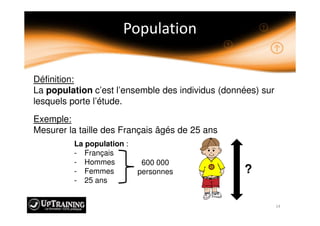 Définition:
La population c’est l’ensemble des individus (données) sur
lesquels porte l’étude.
Exemple:
Mesurer la taille des Français âgés de 25 ans
?
La population :
- Français
- Hommes
- Femmes
- 25 ans
600 000
personnes
 