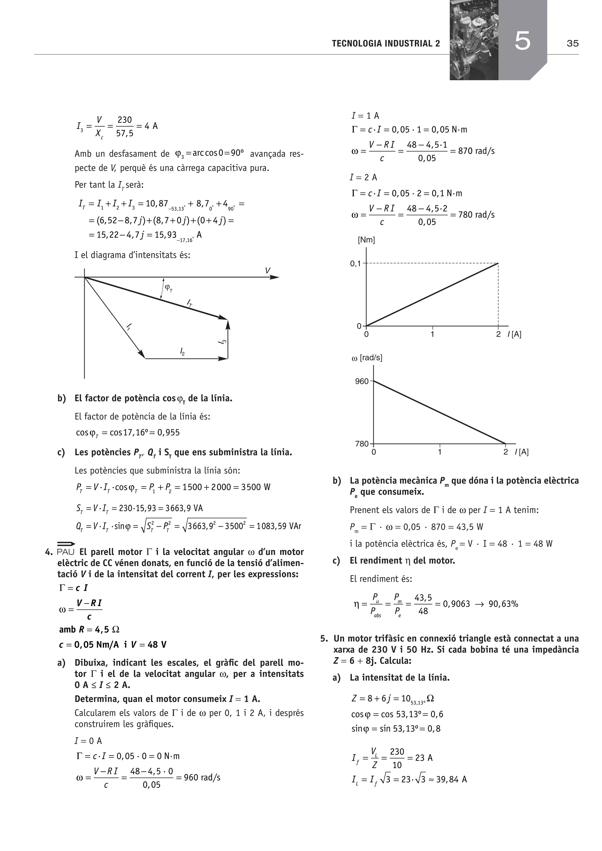 35TECNOLOGIA INDUSTRIAL 2
I
V
Xc
3
230
57 5
4= = =
,
A
Amb un desfasament de ϕ3
0 90= =arccos º avançada res-
pecte de V, perquè és una càrrega capacitiva pura.
Per tant la IT
serà:
I I I IT
= + + = + + =
=
−1 2 3 53 13 0 90
10 87 8 7 4
6
, ,
(
, º º º
,, , ) ( , ) ( )
, , ,
52 8 7 8 7 0 0 4
15 22 4 7 15 9
− + + + + =
= − =
j j j
j 33 17 16− , º A
I el diagrama d’intensitats és:
ϕ
b) El factor de potència cosϕT
de la línia.
El factor de potència de la línia és:
cos cos , º ,ϕT
= =17 16 0 955
c) Les potències PT
, QT
i ST
que ens subministra la línia.
Les potències que subministra la línia són:
P V I P PT T T
= = + = + =· ·cosϕ 1 2
1500 2000 3500 W
S V I
Q V I S
T T
T T T
= = =
= = −
· · , ,
· ·sin
230 15 93 3663 9
2
VA
ϕ PPT
2 2 2
3663 9 3500 1083 59= − =, , VAr
4. El parell motor Γ i la velocitat angular ω d’un motor
elèctric de CC vénen donats, en funció de la tensió d’alimen-
tació V i de la intensitat del corrent I, per les expressions:
Γ
Ω
=
=
−
=
= =
c I
V R I
c
R
c V
ω
amb
Nm/A i V
4 5
0 05 48
,
,
a) Dibuixa, indicant les escales, el gràﬁc del parell mo-
tor Γ i el de la velocitat angular ω, per a intensitats
0 A ≤ I ≤ 2 A.
Determina, quan el motor consumeix I = 1 A.
Calcularem els valors de Γ i de ω per 0, 1 i 2 A, i després
construirem les gràﬁques.
I = 0 A
Γ = = =
=
−
=
−
=
c I
V R I
c
· , ·
, ·
,
0 05 0 0
48 4 5 0
0 05
960
N·m
raω dd/s
I = 1 A
Γ = = =
=
−
=
−
=
c I
V R I
c
· , · ,
, ·
,
0 05 1 0 05
48 4 5 1
0 05
87
N·m
ω 00 rad/s
I = 2 A
Γ = = =
=
−
=
−
=
c I
V R I
c
· , · ,
, ·
,
0 05 2 0 1
48 4 5 2
0 05
780
N·m
ω rrad/s
ω
b) La potència mecànica Pm
que dóna i la potència elèctrica
Pe
que consumeix.
Prenent els valors de Γ i de ω per I = 1 A tenim:
Pm
= Γ · ω = 0,05 · 870 = 43,5 W
i la potència elèctrica és, Pe
= V · I = 48 · 1 = 48 W
c) El rendiment η del motor.
El rendiment és:
η = = = = →
P
P
P
P
u
abs
m
e
43 5
48
0 9063 90 63
,
, , %
5. Un motor trifàsic en connexió triangle està connectat a una
xarxa de 230 V i 50 Hz. Si cada bobina té una impedància
Z = 6 + 8j. Calcula:
a) La intensitat de la línia.
Z j= + =
= =
=
8 6 10
53 13 0 6
5
53 13, º
cos cos , º ,
sin sin
Ω
ϕ
ϕ 33 13 0 8, º ,=
I
V
Z
I I
f
L
L f
= = =
= = ≈
230
10
23
3 23 3 39 84
A
A· ,
5
Bach_Sol_LA_Tecno2_2008.indd 35Bach_Sol_LA_Tecno2_2008.indd 35 16/5/08 12:11:0316/5/08 12:11:03
 