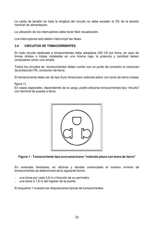 7/24/2019 NB-777.pdf
http://slidepdf.com/reader/full/nb-777pdf 23/270
23
La caída de tensión en toda la longitud del circuito no debe exceder el 3% de la tensión
nominal de alimentación.
La ubicación de los interruptores debe tener fácil visualización.
Los interruptores solo deben interrumpir las fases.
3.4 CIRCUITOS DE TOMACORRIENTES
En todo circuito destinado a tomacorrientes debe adoptarse 200 VA por toma, en caso de
tomas dobles o triples instaladas en una misma caja, la potencia y cantidad deben
computarse como una simple.
Todos los circuitos de tomacorrientes deben contar con un punto de conexión al conductor
de protección PE, conductor de tierra.
El tomacorriente debe ser de tipo Euro Americano redondo plano con toma de tierra (véase
figura 1).
En casos especiales, dependiendo de la car 
ga, podrá utilizarse tomacorrientes tipo “shucko”
con terminal de puesta a tierra.
Figura 1 - Tomacorriente tipo euro-americano “redondo plano con toma de tierra” 
En viviendas familiares, en oficinas y tiendas comerciales el número mínimo de
tomacorrientes se determinará de la siguiente forma:
-  una toma por cada 3,6 m o fracción de su perímetro
-  una toma a 1,8 m del ingreso de la puerta
El esquema 1 muestra las disposiciones típicas de tomacorrientes.
 