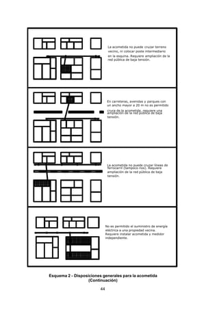 7/24/2019 NB-777.pdf
http://slidepdf.com/reader/full/nb-777pdf 44/270
44
La acometida no puede cruzar terreno
vecino, ni colocar poste intermediario
en la esquina. Requiere ampliación de la
red pública de baja tensión.
En carreteras, avenidas y parques con
un ancho mayor a 20 m no es permitido
cruce de la acometida. requiere una
ampliación de la red pública de baja
tensión.
La acometida no puede cruzar líneas de
ferrocarril (tampoco rios). Requiere
ampliación de la red pública de baja
tensión. 
No es permitido el suministro de energía
eléctrica a una propiedad vecina.
Requiere instalar acometida y medidor
independiente. 
Esquema 2 - Disposiciones generales para la acometida
(Continuación)
 