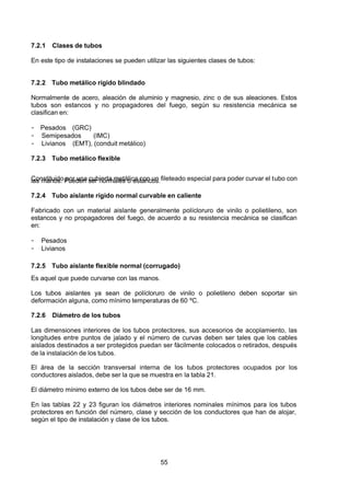 7/24/2019 NB-777.pdf
http://slidepdf.com/reader/full/nb-777pdf 55/270
55
7.2.1 Clases de tubos
En este tipo de instalaciones se pueden utilizar las siguientes clases de tubos:
7.2.2 Tubo metálico rígido blindado
Normalmente de acero, aleación de aluminio y magnesio, zinc o de sus aleaciones. Estos
tubos son estancos y no propagadores del fuego, según su resistencia mecánica se
clasifican en:
-  Pesados (GRC)
-  Semipesados (IMC)
-  Livianos (EMT), (conduit metálico)
7.2.3 Tubo metálico flexible
Constituido por una cubierta metálica con un fileteado especial para poder curvar el tubo con
las manos. Pueden ser normales o estancos.
7.2.4 Tubo aislante rígido normal curvable en caliente
Fabricado con un material aislante generalmente polícloruro de vinilo o polietileno, son
estancos y no propagadores del fuego, de acuerdo a su resistencia mecánica se clasifican
en:
-  Pesados
-  Livianos
7.2.5 Tubo aislante flexible normal (corrugado)
Es aquel que puede curvarse con las manos.
Los tubos aislantes ya sean de polícloruro de vinilo o polietileno deben soportar sin
deformación alguna, como mínimo temperaturas de 60 ºC.
7.2.6 Diámetro de los tubos
Las dimensiones interiores de los tubos protectores, sus accesorios de acoplamiento, las
longitudes entre puntos de jalado y el número de curvas deben ser tales que los cables
aislados destinados a ser protegidos puedan ser fácilmente colocados o retirados, después
de la instalación de los tubos.
El área de la sección transversal interna de los tubos protectores ocupados por los
conductores aislados, debe ser la que se muestra en la tabla 21.
El diámetro mínimo externo de los tubos debe ser de 16 mm.
En las tablas 22 y 23 figuran los diámetros interiores nominales mínimos para los tubos
protectores en función del número, clase y sección de los conductores que han de alojar,
según el tipo de instalación y clase de los tubos.
 