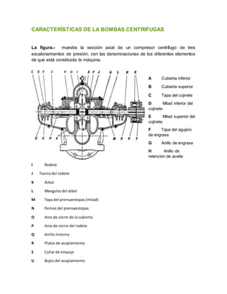 CARACTERÍSTICAS DE LA BOMBAS CENTRIFUGAS
La figura.- muestra la sección axial de un compresor centrífugo de tres
escalonamientos de presión, con las denominaciones de los diferentes elementos
de que está constituida la máquina.
A Cubierta inferior
B Cubierta superior
C Tapa del cojinete
D Mitad inferior del
cojinete
E Mitad superior del
cojinete
F Tapa del agujero
de engrase
G Anillo de engrase
H Anillo de
retención de aceite
I Rodete
J Tuerca del rodete
K Árbol
L Manguito del árbol
M Tapa del prensaestopas (mitad)
N Pernos del prensaestopas
O Aros de cierre de la cubierta
P Aros de cierre del rodete
Q Anillo linterna
R Platos de acoplamiento
S Collar de empuje
U Bujes del acoplamiento
 