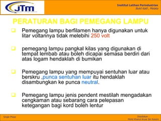 Insititut Latihan Perindustrian
Bukit Katil , Melaka
Disediakan :
Mohd Khairul Anuar Bin Kassim
Single Phase
PERATURAN BAGI PEMEGANG LAMPU
 Pemegang lampu berfilamen hanya digunakan untuk
litar voltannya tidak melebihi 250 volt
 pemegang lampu pangkal kilas yang digunakan di
tempat lembab atau boleh dicapai semasa berdiri dari
atas logam hendaklah di bumikan
 Pemegang lampu yang mempuyai sentuhan luar atau
berskru ,punca sentuhan luar itu hendaklah
disambungkan ke punca neutral.
 Pemegang lampu jenis pendent mestilah mengadakan
cengkaman atau sebarang cara pelepasan
ketegangan bagi kord boleh lentur
 