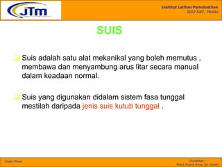 Insititut Latihan Perindustrian
Bukit Katil , Melaka
Disediakan :
Mohd Khairul Anuar Bin Kassim
Single Phase
SUIS
 Suis adalah satu alat mekanikal yang boleh memutus ,
membawa dan menyambung arus litar secara manual
dalam keadaan normal.
 Suis yang digunakan didalam sistem fasa tunggal
mestilah daripada jenis suis kutub tunggal .
 
