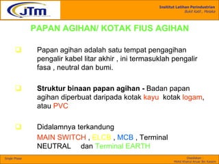 Insititut Latihan Perindustrian
Bukit Katil , Melaka
Disediakan :
Mohd Khairul Anuar Bin Kassim
Single Phase
PAPAN AGIHAN/ KOTAK FIUS AGIHAN
 Papan agihan adalah satu tempat pengagihan
pengalir kabel litar akhir , ini termasuklah pengalir
fasa , neutral dan bumi.
 Struktur binaan papan agihan - Badan papan
agihan diperbuat daripada kotak kayu kotak logam,
atau PVC
 Didalamnya terkandung
MAIN SWITCH , ELCB , MCB , Terminal
NEUTRAL dan Terminal EARTH
 
