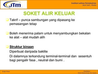Insititut Latihan Perindustrian
Bukit Katil , Melaka
Disediakan :
Mohd Khairul Anuar Bin Kassim
Single Phase
SOKET ALIR KELUAR
 Takrif – punca sambungan yang dipasang ke
pemasangan tetap
 Boleh menerima palam untuk menyambungkan bekalan
ke alat – alat mudah alih
 Struktur binaan
Diperbuat daripada baklite
Di dalamnya terkandung terminal-terminal dan sesentuh
bagi pengalir fasa , neutral dan bumi .
 