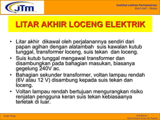 Insititut Latihan Perindustrian
Bukit Katil , Melaka
Disediakan :
Mohd Khairul Anuar Bin Kassim
Single Phase
LITAR AKHIR LOCENG ELEKTRIK
• Litar akhir dikawal oleh perjalanannya sendiri dari
papan agihan dengan alatambah suis kawalan kutub
tunggal, transformer loceng, suis tekan dan loceng.
• Suis kutub tunggal mengawal transformer dan
disambungkan pada bahagian masukan, biasanya
gegelung 240V ac.
• Bahagian sekunder transformer, voltan lampau rendah
(6V atau 12 V) disambung kepada suis tekan dan
loceng.
• Voltan lampau rendah bertujuan mengurangkan risiko
renjatan pengguna keran suis tekan kebiasaanya
terletak di luar.
 