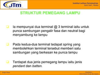 Insititut Latihan Perindustrian
Bukit Katil , Melaka
Disediakan :
Mohd Khairul Anuar Bin Kassim
Single Phase
STRUKTUR PEMEGANG LAMPU
 Ia mempunyai dua terminal @ 3 terminal iaitu untuk
punca sambungan pengalir fasa dan neutral bagi
menyambung ke lampu
 Pada kedua-dua terminal tedapat spring yang
membolehkan terminal tersebut memberi satu
sambungan yang berkesan ke punca lampu
 Terdapat dua jenis pemegang lampu iaitu jenis
pendant dan batten.
 
