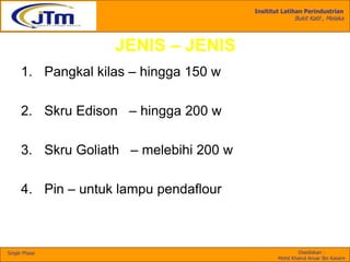 Insititut Latihan Perindustrian
Bukit Katil , Melaka
Disediakan :
Mohd Khairul Anuar Bin Kassim
Single Phase
JENIS – JENIS
1. Pangkal kilas – hingga 150 w
2. Skru Edison – hingga 200 w
3. Skru Goliath – melebihi 200 w
4. Pin – untuk lampu pendaflour
 