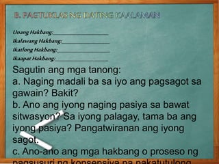 UnangHakbang:_______________________
IkalawangHakbang:____________________
IkatlongHakbang:______________________
Ikaapat Hakbang:______________________
Sagutin ang mga tanong:
a. Naging madali ba sa iyo ang pagsagot sa
gawain? Bakit?
b. Ano ang iyong naging pasiya sa bawat
sitwasyon? Sa iyong palagay, tama ba ang
iyong pasiya? Pangatwiranan ang iyong
sagot.
c. Ano-ano ang mga hakbang o proseso ng
 