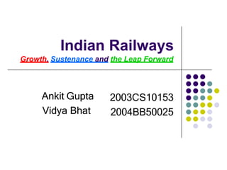 Indian Railways
Growth, Sustenance and the Leap Forward
Ankit Gupta
Vidya Bhat
2003CS10153
2004BB50025
 