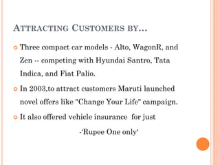 ATTRACTING CUSTOMERS BY…
 Three compact car models - Alto, WagonR, and
Zen -- competing with Hyundai Santro, Tata
Indica, and Fiat Palio.
 In 2003,to attract customers Maruti launched
novel offers like "Change Your Life" campaign.
 It also offered vehicle insurance for just
-‘Rupee One only‘
 