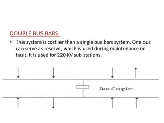 DOUBLE BUS BARS:
• This system is costlier then a single bus bars system. One bus
can serve as reserve, which is used during maintenance or
fault. It is used for 220 KV sub stations.
 