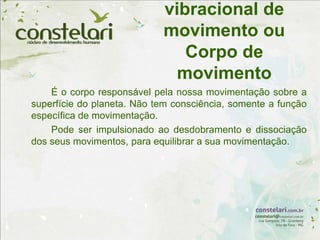 vibracional de
movimento ou
Corpo de
movimento
É o corpo responsável pela nossa movimentação sobre a
superfície do planeta. Não tem consciência, somente a função
específica de movimentação.
Pode ser impulsionado ao desdobramento e dissociação
dos seus movimentos, para equilibrar a sua movimentação.
 
