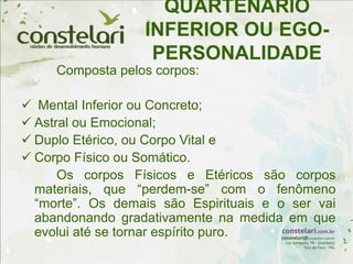 QUARTENÁRIO
INFERIOR OU EGO-
PERSONALIDADE
Composta pelos corpos:
 Mental Inferior ou Concreto;
 Astral ou Emocional;
 Duplo Etérico, ou Corpo Vital e
 Corpo Físico ou Somático.
Os corpos Físicos e Etéricos são corpos
materiais, que “perdem-se” com o fenômeno
“morte”. Os demais são Espirituais e o ser vai
abandonando gradativamente na medida em que
evolui até se tornar espírito puro.
 