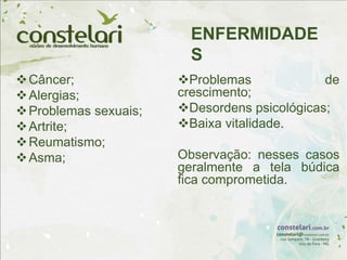 Câncer;
Alergias;
Problemas sexuais;
Artrite;
Reumatismo;
Asma;
Problemas de
crescimento;
Desordens psicológicas;
Baixa vitalidade.
Observação: nesses casos
geralmente a tela búdica
fica comprometida.
ENFERMIDADE
S
 