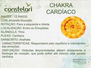 CHAKRA
CARDÍACO
RAIZES - 12 RAIOS.
COR: Amarelo-Dourado.
ROTAÇÃO: Para a esquerda e direita.
LOCALIZAÇÃO: Entre os Omoplatas
GLÂNDULA: Timo
PLEXO: Cardíaco
SANSCRITO: Anahata.
CARACTERISTICAS: Responsável pelo equilíbrio e intercâmbio
das emoções.
DISFUNÇÃO: Violentas descontroladas afetam diretamente a
fisiologia do coração, que pode sofrer até mesmo uma parada
cardíaca.
 
