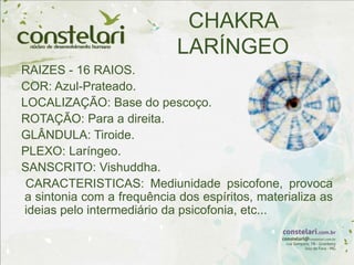 CHAKRA
LARÍNGEO
RAIZES - 16 RAIOS.
COR: Azul-Prateado.
LOCALIZAÇÃO: Base do pescoço.
ROTAÇÃO: Para a direita.
GLÂNDULA: Tiroide.
PLEXO: Laríngeo.
SANSCRITO: Vishuddha.
CARACTERISTICAS: Mediunidade psicofone, provoca
a sintonia com a frequência dos espíritos, materializa as
ideias pelo intermediário da psicofonia, etc...
 