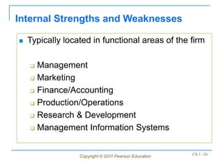 Copyright © 2011 Pearson Education Ch 1 -26
 Typically located in functional areas of the firm
 Management
 Marketing
 Finance/Accounting
 Production/Operations
 Research & Development
 Management Information Systems
Internal Strengths and Weaknesses
 