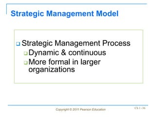 Copyright © 2011 Pearson Education Ch 1 -36
 Strategic Management Process
 Dynamic & continuous
 More formal in larger
organizations
Strategic Management Model
 